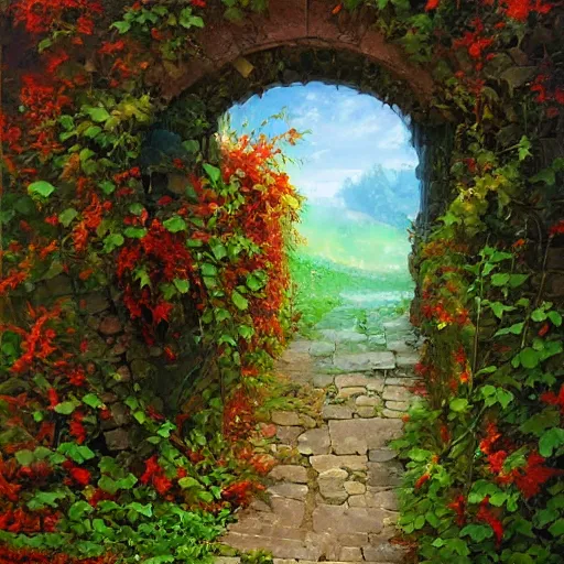 Prompt: colorful marc simonetti and Mark Keathley impasto!! acrylic painting of the slate stone gateway of a forgotten civilization. vines and creepers, stone etchings