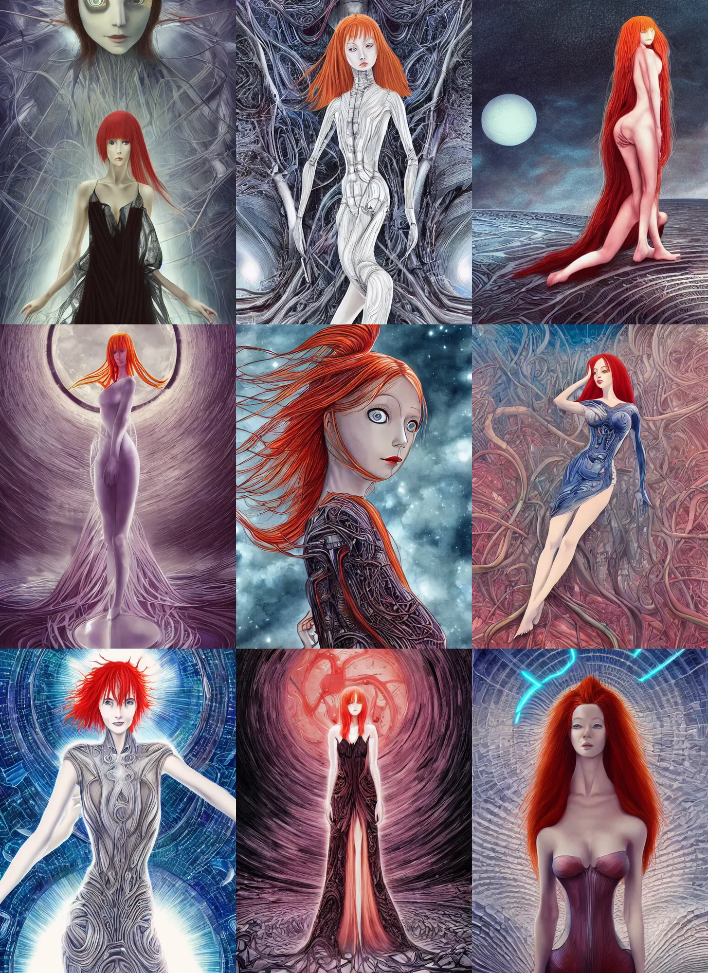 Image similar to a redhead woman in futuristic dress falls into a dream within a dream within a dream within a dream within a dream, h. r. giger, junji ito, alex grey, salvador dali, fractal, surreal art, semi realistic anime, studio ghibli, makoto shinkai, award winning illustration, masterpiece, trending on pixiv, 8 k