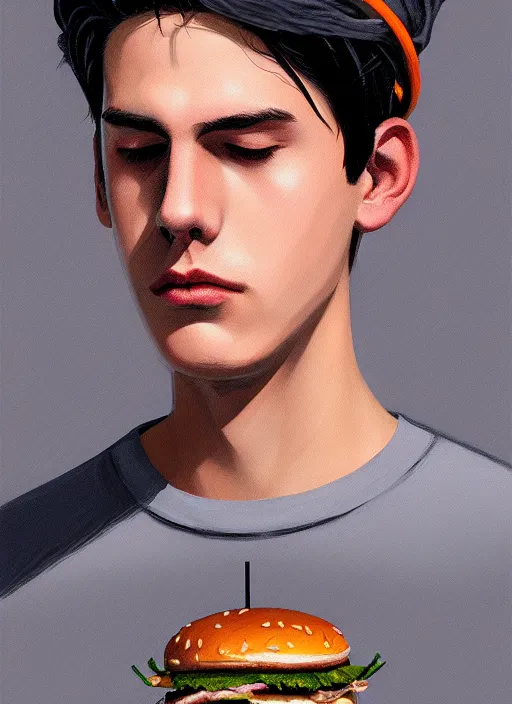 Image similar to portrait of teenage jughead jones wearing a light grey crown, crown, hamburger background, eyes closed, crown, black hair, orange, intricate, elegant, glowing lights, warm lighting, highly detailed, digital painting, artstation, concept art, smooth, sharp focus, illustration, art by wlop, mars ravelo and greg rutkowski