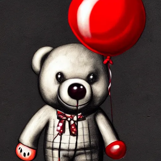 Image similar to surrealism grunge cartoon portrait sketch of a teddy bear with a wide smile and a red balloon by - michael karcz, loony toons style, billie eilish style, horror theme, detailed, elegant, intricate