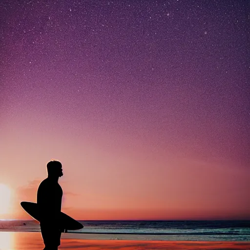 Prompt: teenage surfer standing at the beach. Purple sky with fluffy clouds and an airplane In the background