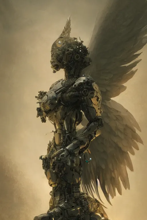 Image similar to angel of artificial intelligence by jean - baptiste monge, high quality, high resolution, 4 k, painted by cgsociety, rutkowski, gurney with ambient lighting, concept art, detailed, dramatic contrast, dynamic volumetric cinematic lighting, octane, raytrace