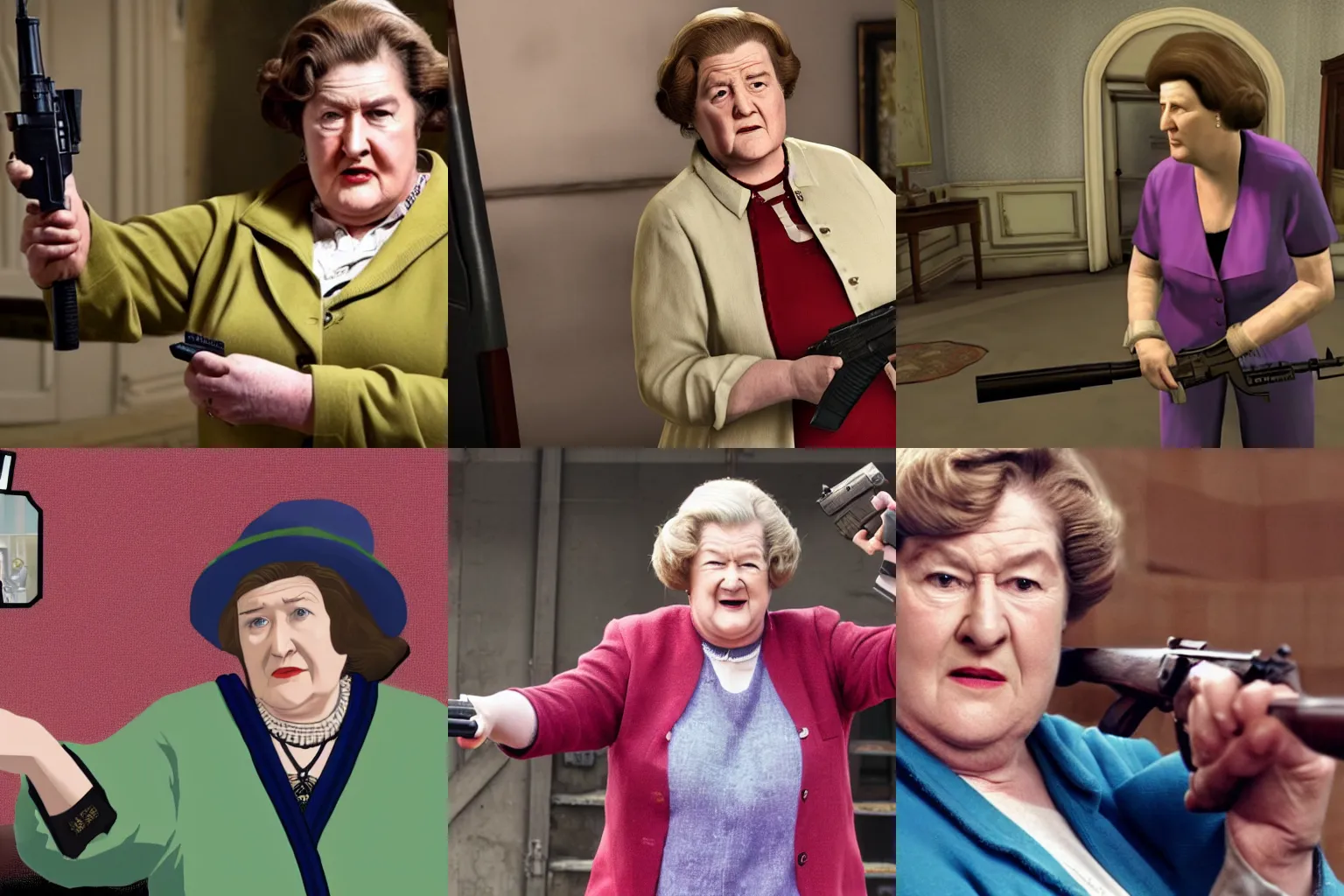 Prompt: Patricia Routledge firing a gun, Grand Theft Auto V loading screen