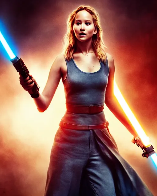 Image similar to jennifer lawrence, battle scared with ripped and damaged clothes, as a jedi holding up a blue lightsaber, very dark background, official new star wars episode xi movie poster from lucas arts, perfect symmetrical face, moody lighting, 8 k, shallow depth of field, intricate detail,
