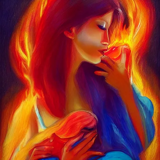 Image similar to beautiful woman cradling her child made of colorful fire by stanley lau, elegant, colorful, loving