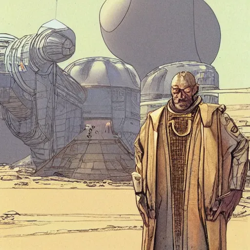 Prompt: Beggar priest in busy spaceport on luna 5 colony. Concept art by James Gurney and Mœbius.