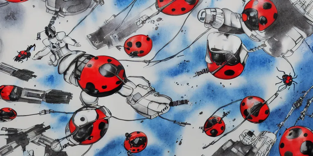 Image similar to shower curtain product catalog. wide - angle photo. on the curtain is a low - angle hero - shot watercolor of a ladybug robot fighting against darth vader. the robot has an epic showdown with darth vader. the water color has ink under drawing. highly coherent, product photography of a shower curtain, product lighting. 4 k, highly detailed. saturated.