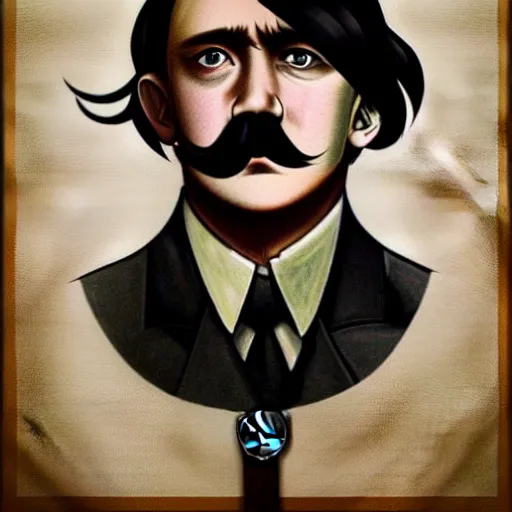 Image similar to adolf Hitler looks like a cute anime girl with long curly hair and big tempting eyes, by studio Shaft