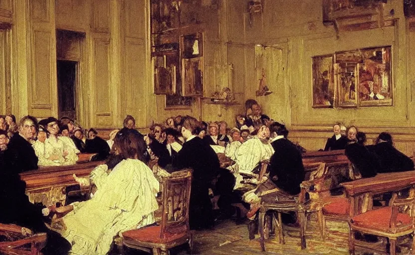 Image similar to high quality high detail painting by ilya repin, court room, hd