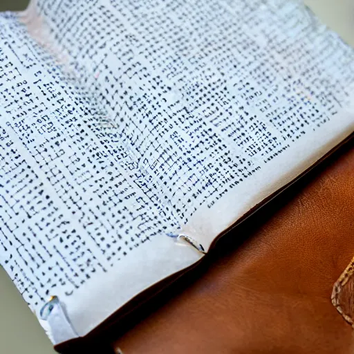 Prompt: a closeup of an open book a leather zipper cover with the middle pages folded over in an arch and eyeglasses sitting on the middle pages