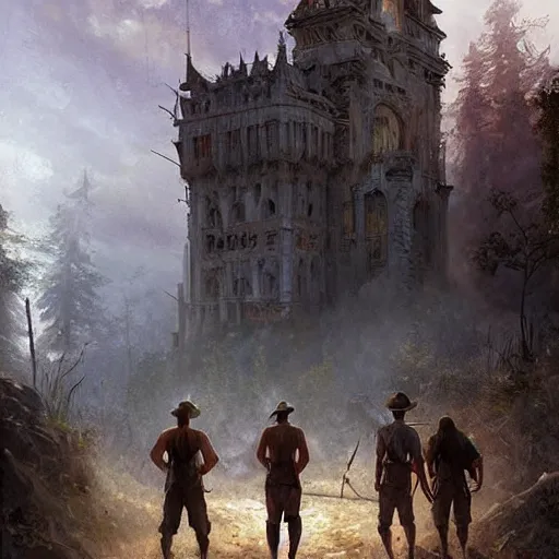 Image similar to epic masterpiece of cinematographic hyperrealism where a group of archeologists appears in front of the dread tower. realistic shaded lighting poster by craig mallismo, artgerm, jeremy lipkin and michael garmash, unreal engine, radiant light, detailed and intricate environment, digital art, art station trends, horror, night, darkness