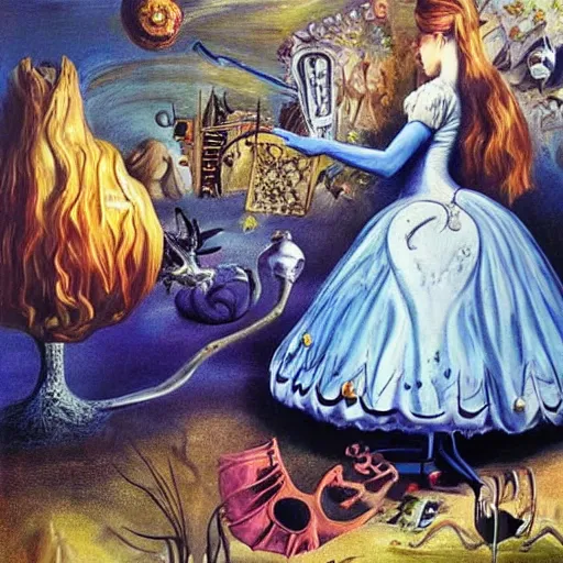 Image similar to Alice in Wonderland, painted by Salvador Dali, realistic painting, masterful painting