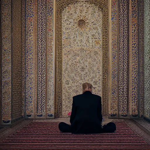 Image similar to Trump praying in mosque, award winning cinematic photography, 50 mm, blurred background, perfect faces