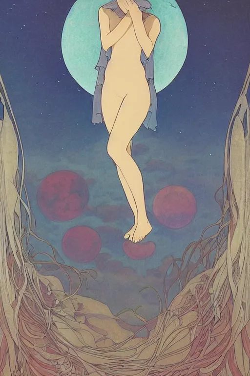 Image similar to A mystic woman peers over the horizon to find the sun setting over another planet and a fine mist of mana obscuring her vision by studio ghibli and mucha