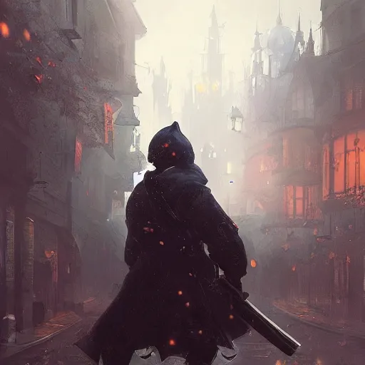 Prompt: a beautiful illustration of mickey mouse with hood and black armor assassinating a target in victorian london, by greg rutkowski, featured on artstation