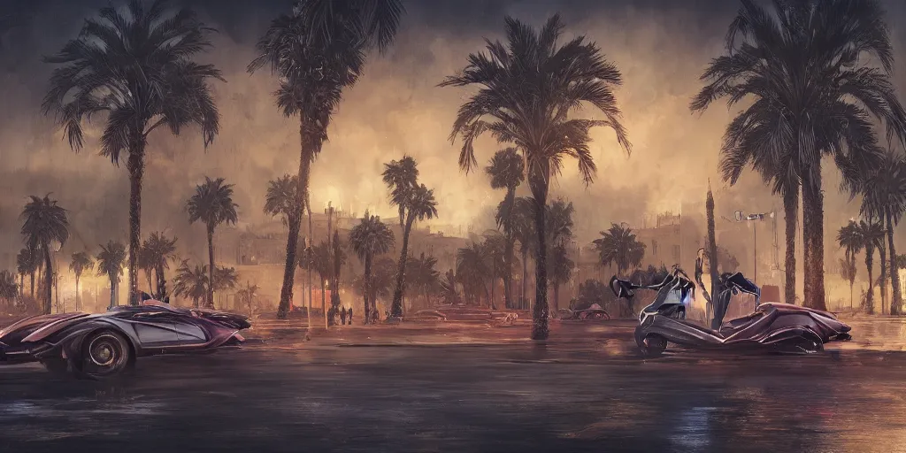 Image similar to thunderstorm in marrakech, palm trees, flying vehicles, moroccan mosque, wlop, james jean, tom bagshaw, rococo, trending on artstation, fantasy, intricate, elegant, highly detailed, digital painting, concept art, smooth, illustration, cinematic lighting, hyper realism, octane render, 8 k, hyper detailed.