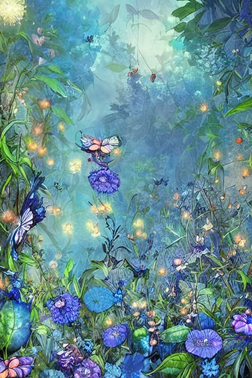 Prompt: beautiful digital matte painting of whimsical botanical illustration blue flowers fireflies enchanted dark background dark contrast by android jones