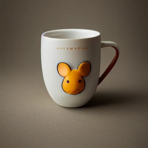 Image similar to a studio photoshoot of a collectible mug with fat mouse shape, special ceramic materials, Off-White, realistic, color film photography by Tlyer Mitchell, 35 mm, graflex