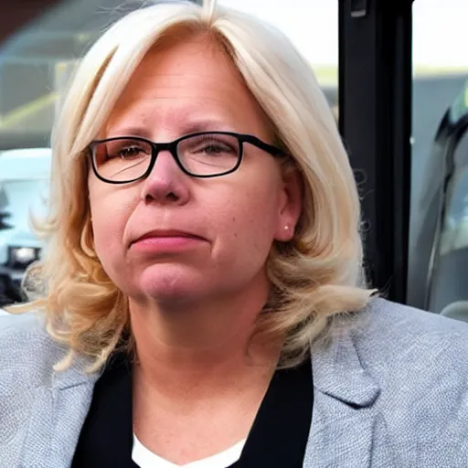 Image similar to angry liz cheney working as mcdonald's drive - thru employee