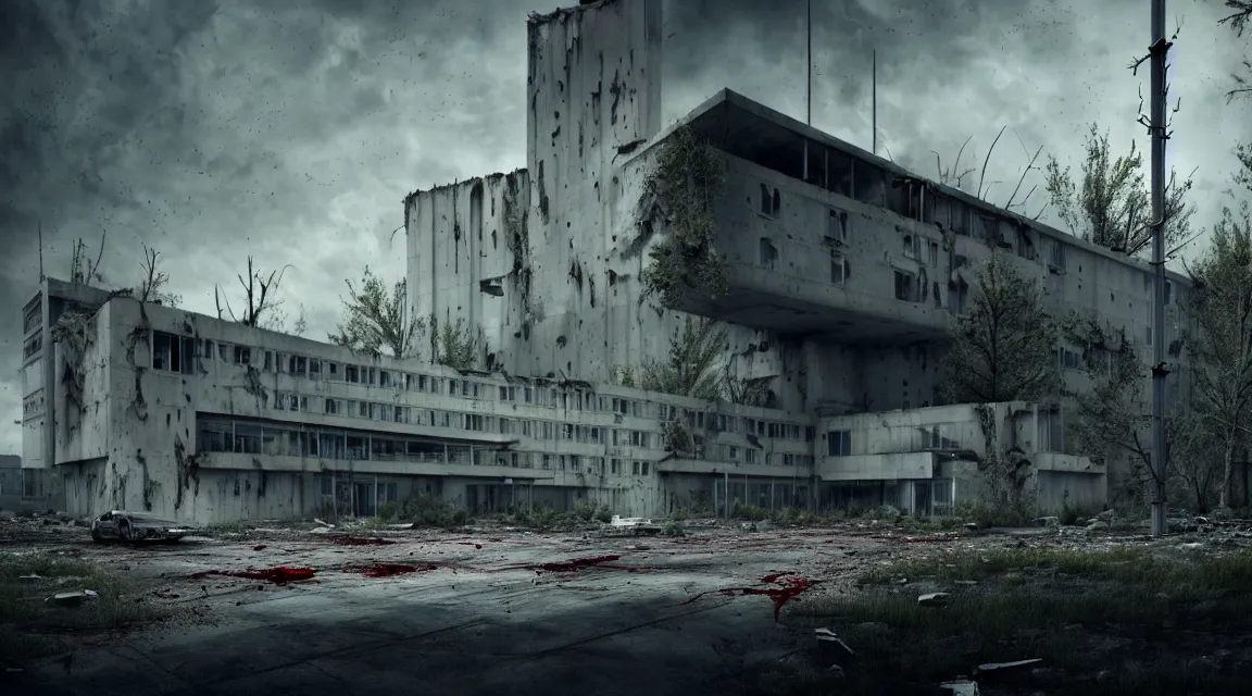 Image similar to post apocalyptic hospital building, big grey alien looking, morning, building, avenue, modern contemporary urban americana concrete architecture, by pascal blanche, neil blevins, apocalyptic color palette, trending on artstation, photorealistic, wilderness ambiance, ultra detailed, high definition, depth of field, bokeh, rubble, wild vegetation, blood stains, building crumbling