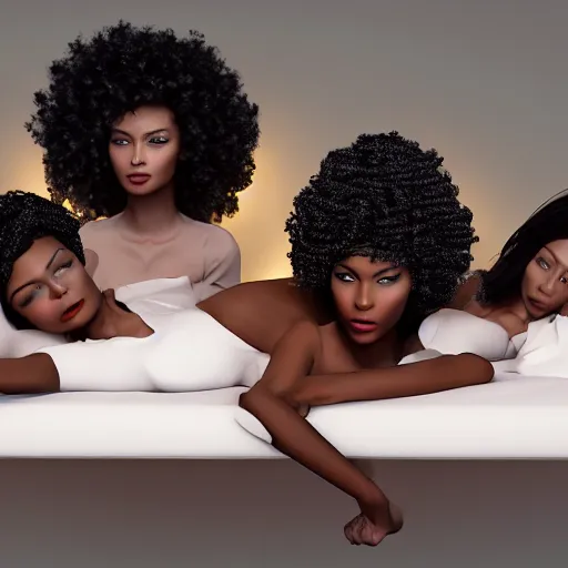 Image similar to intricate portrait of a group of black models posing at a photoshoot, while posing in the same bed , they are all laying down, 3d, in the style of pixar, smooth, 3d, highly detailed, highly detailed, sharp focus, bokeh, depth of field, 16k resolution, Unreal Engine 5, coherent, cinematic lighting, photorealistic