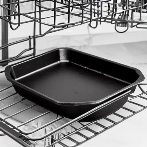 Prompt: cast iron skillet pan loaded into dishwasher rack, rust