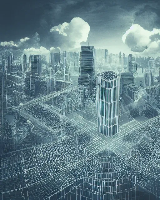 Prompt: complex cityscape folding and overlaying in inception mirror dimension style became 3d maze puzzle like Escher art cinematic hd photo smoke cloud lens flare godray mcu Nolan Leica Zeiss film trending on Flickr