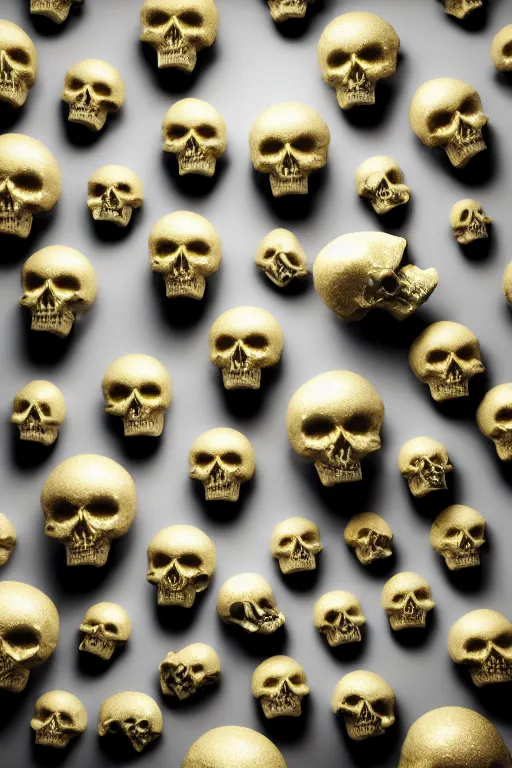 Prompt: 3 d render by daniel arsham of melting solid gold skulls, reflective, volumetric lighting, on clean white background