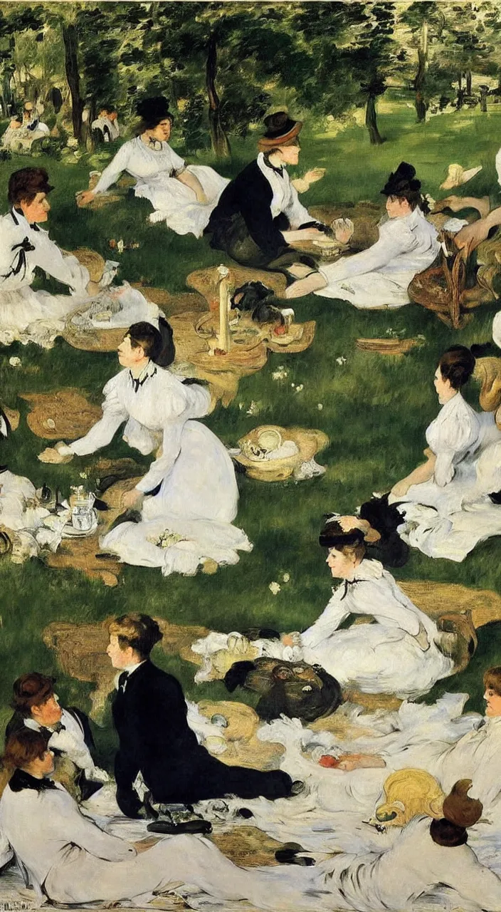 Prompt: oil on canvas, painting from edouard manet, in the style of le dejeuner sur l'herbe, social distancing, covid 1 9, weating ffp 2 masks, 1 8 6 2, impressionism, realism