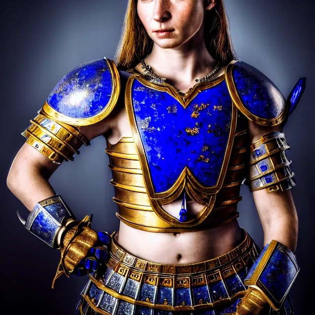 Image similar to photo of a beautiful warrior queen with lapis lazuli armour, highly detailed, 8 k, hdr, smooth, sharp focus, high resolution, award - winning photo