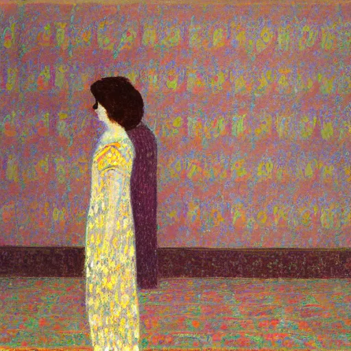 Prompt: a lonely girl in an abandoned room, film still by wes anderson, depicted by klimt, limited color palette, very intricate, art nouveau, highly detailed, lights by hopper, soft pastel colors, minimalist