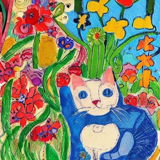 Image similar to cat playing in a garden of flowers, a mix media painting by laurel burch and Leonardo da Vinci and Natalia Goncharova, cluttered , child's drawing