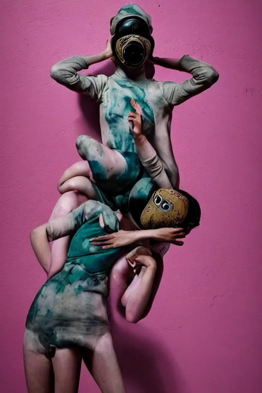 Image similar to a surreal portrait of intertwined and contorted figures wearing gas mask next to a pink wall in the style of brooke didonato, editorial fashion photography from vogue magazine, full shot, nikon d 8 1 0, ƒ / 2. 5, focal length : 8 5. 0 mm, exposure time : 1 / 8 0 0, iso : 2 0 0