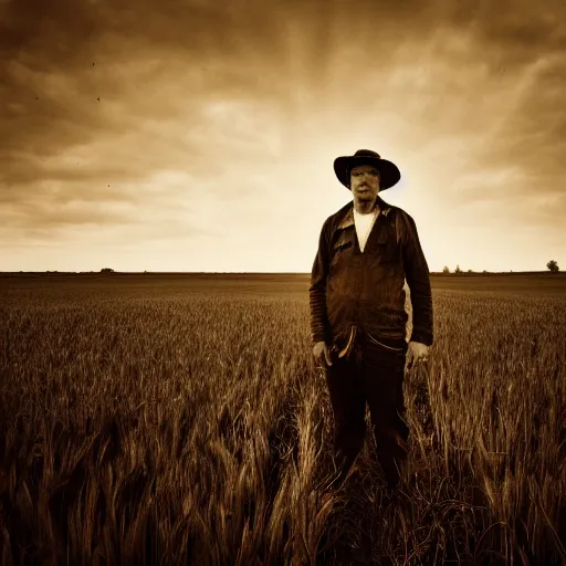 Prompt: A wet-collodion photograph of a man standing in a field of wheat, high contrast, sunset, shallow depth of field