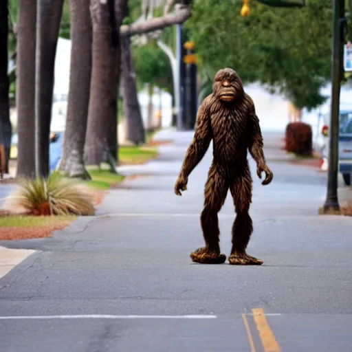 Image similar to bigfoot walking down the street in downtown Pensacola Florida