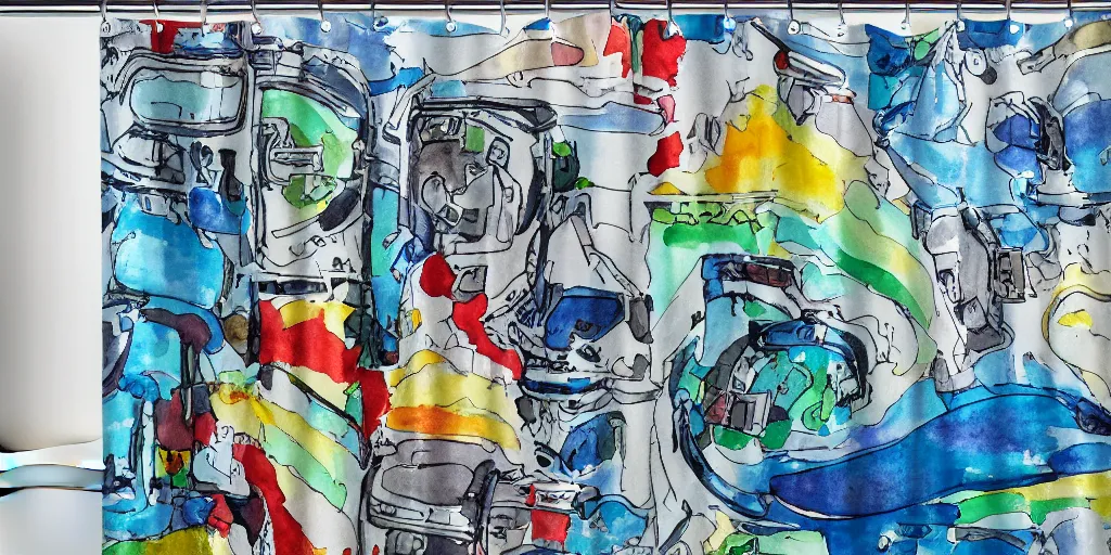 Prompt: shower curtain product catalog. wide - angle photo. on the curtain is a watercolor. the water color has ink under drawing of a mecha streisand. wide - angle product photography of a shower curtain, product lighting. 4 k, highly detailed. saturated.