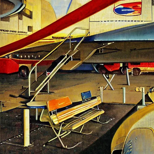 Image similar to View through an African airport of a Lockheed L-188 Electra parked on the runway, painting, norman rockwell artwork style