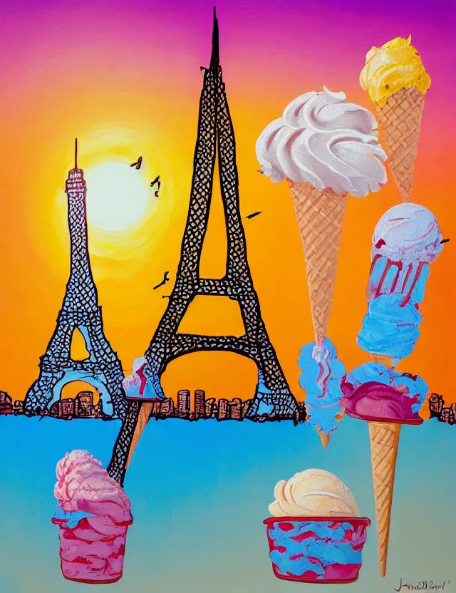 Prompt: a funny painting of the eiffel tower in paris made of ice cream in different colors on a very sunny bright summer sunset day in the style of james jean