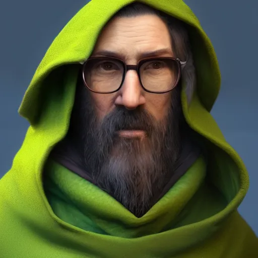 Prompt: green hooded wizard with a long brown beard wearing glasses, realistic, 8 k, extremely detailed, cgi, trending on artstation, hyper - realistic render, by greg rutkowski