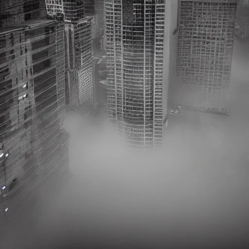 Prompt: a black and white medium shot of a foggy city heavy contrast selective exposure dark heavy black