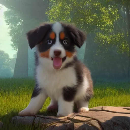 Prompt: a wholesome animation key shot of a spotted australian shepherd puppy, studio ghibli, pixar and disney animation, sharp, rendered in unreal engine 5, anime key art by greg rutkowski, bloom, dramatic lighting