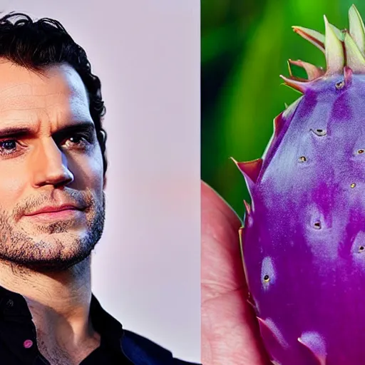 Image similar to face of henry cavill inside a dragonfruit