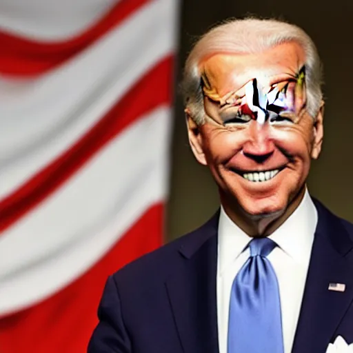 Image similar to Joe Biden next to a red and white talking globe