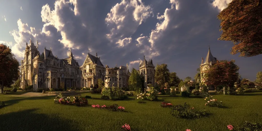 Prompt: gothic, mansion, few clouds, dawn, flowerbeds, trees, french garden, god rays, realistic, cinematic lighting, very detailed, very ornate, volumetric, by artstation, artemisia gentileschi, wide angle