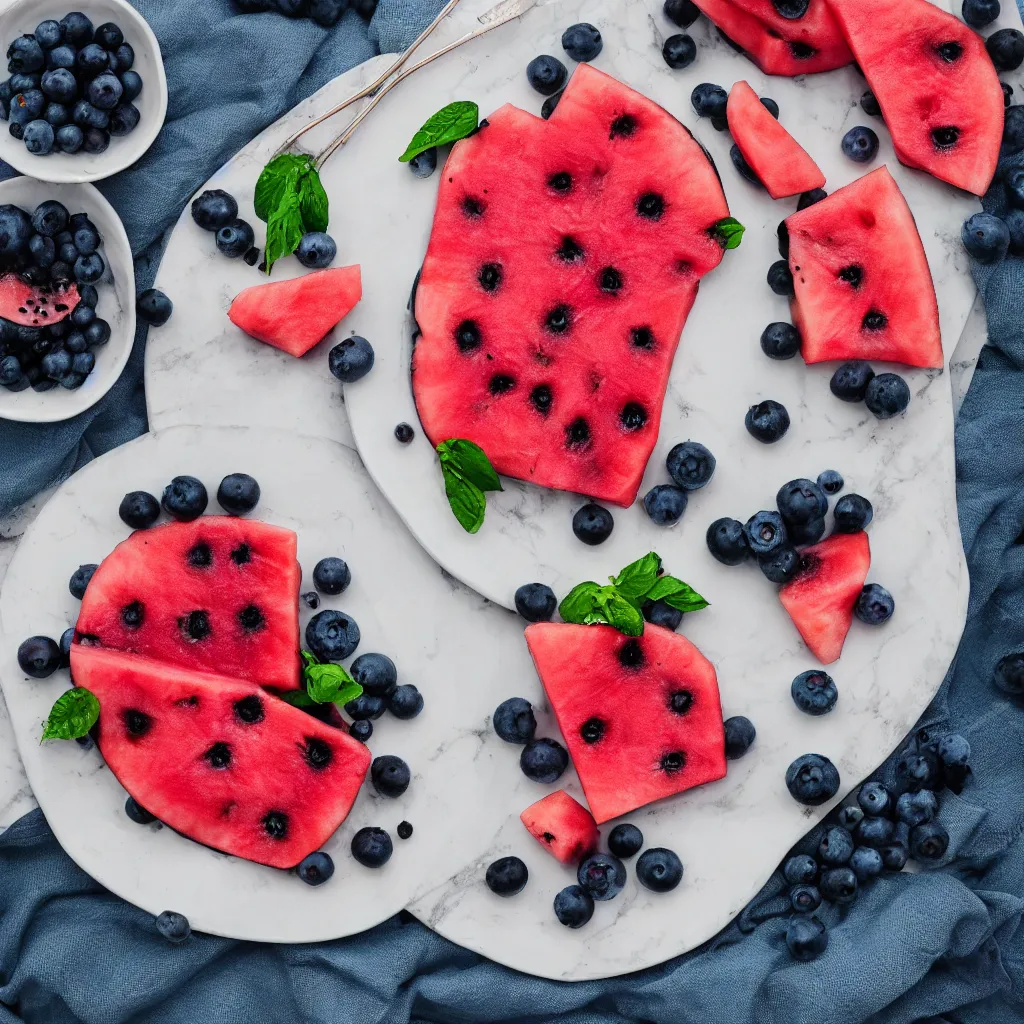 Image similar to blueberry watermelon hybrid on a plate, hyper real, food photography, high quality