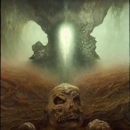 Prompt: the lonely abyss | highly detailed oil painting, hyperrealistic, very intrincate | cinematic lighting, award - winning | by rachel ruysch, giger, beksinski and bocklin | by austin osman spare and william blake, trending on artstation, cgsociety, official art, octane.