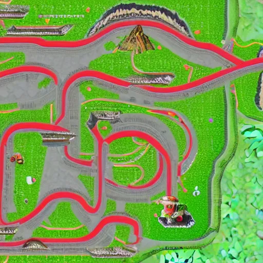 Image similar to top down view of Nintendo Mario kart custom racing racetrack map. Punk rock hiking trail themed custom dirt path trail map. Post punk underground nightclub rave course. HD track details.