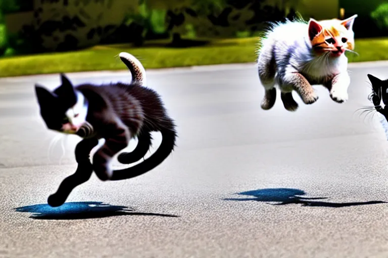 Image similar to Kitten jumping a large dog with a stunt bike