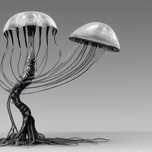 Prompt: side view a group of robot mechanical sense halitrephes maasai jellyfish's growing form tree branch, diode, lonely family, secret <, c 4 d, 8 k cleaning future, highly quality penetrating feeling bright light, cg special effect, cyberpunk, darkness's background, fantastic ， mikecow, sharp focus, smooth, unusual