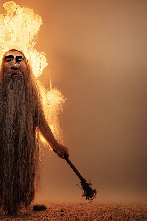 Image similar to full body shot of hanging old asian man with long beard, his head covered in roots, full face occult silver mask, bright multiple glowing eyes, holding a large carved wooden dark fractal stick, hanging upside down, thick smoke around him, in the burning soil desert, cinematic shot, wide angle, dark desert background, volumetric lighting by Denis Villeneuve, Lubezki, Gaspar Noe, Christopher Doyle and Alejandro Jodorowsky, anamorphic lens, anamorphic lens flares, kodakchrome, cinematic composition, practical effects, award winning photo, 8k